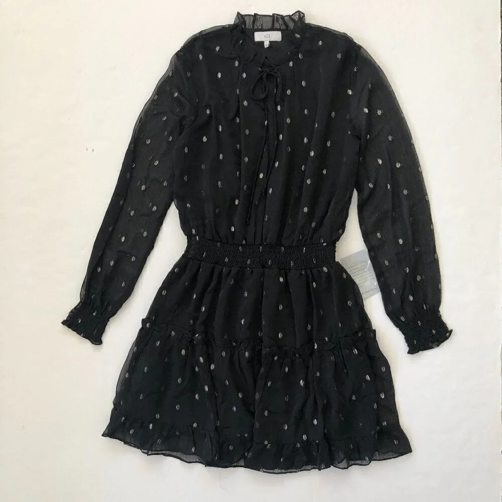 NSR Emma Black Semi Sheer Tiered Ruffle Whimsygoth Ruched Mini Dress Small - Picture 7 of 11